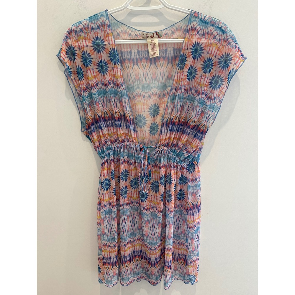 OP Ocean Pacific Women Sheer Mesh Swim Cover Up Dress Tie Dye Multi OPS17971 L